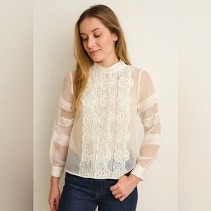 White House Black Market Blouse Women’s Sheer Organza Lace Vtg Style Top Sz 4